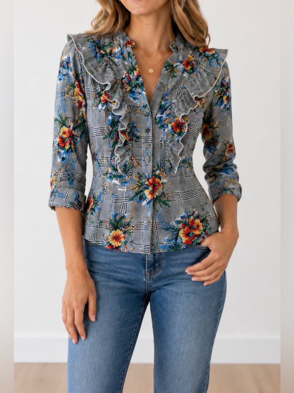 The Shirt Rochelle Behrens Black Houndstooth Floral ButtonFront Blouse-Size XS - Picture 1 of 5